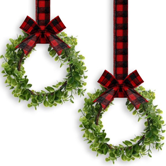 Guvpev 2Pcs Christmas Kitchen Cabinet Wreaths - 9.8" Artificial Boxwood Wreath with Buffalo Plaid Bow Ribbon for Mantel, Wall Window, Artificial Spring Greenery Garlands for Front Door Xmas Decor