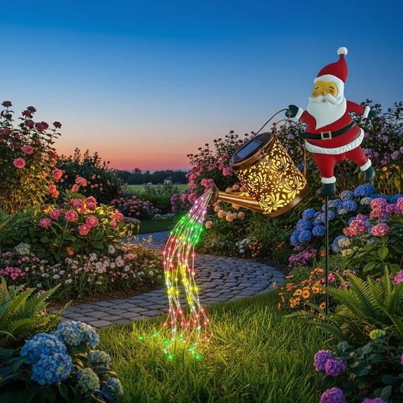 Guvpev 2Pcs Christmas Santa Solar Kettle Lights, Xmas Santa Claus Watering Can with Colorful LED Lights, Waterproof Outdoor Decorative Solars Lights for Garden, Patio, Lawn & Christmas Yard Décor