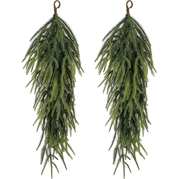 Guvpev 2Pcs Extra Length Artificial Christmas Teardrop Swags, 30" Faux Pine Needles Teardrop Door Swag, Christmas Norfolk Pine Greenery Teardrop Wreath for Mantel Fireplace Door Indoor Outdoor Decor
