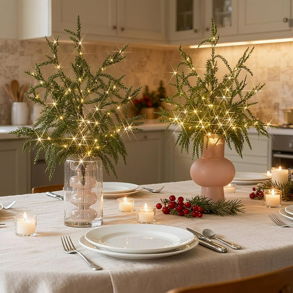 Guvpev 2Pcs Real Touch Christmas Swag with 96 LED Lights - 22" Lighted Norfolk Pine Artificial Christmas Teardrop Swags Battery Operated for Home Door Fireplace Indoor Outdoor Christmas Decorations