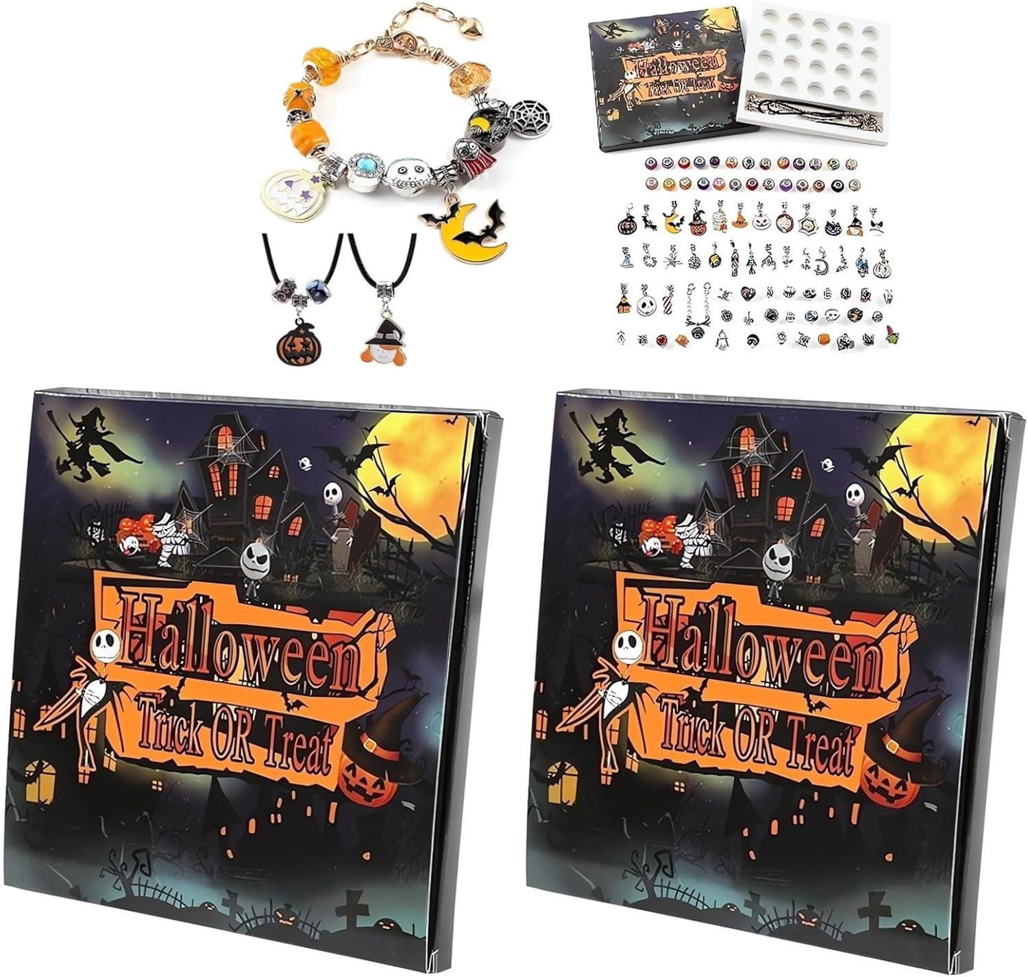 Guvpev 2Set Halloween Trick or Treat Charm Bracelet Advent Calendar 2025, DIY Jewelry Ornament Making Kit, with 20Pcs Charm Beads, 2 Bracelets & 2 Necklace, Haloween Countdown Calendar, Unique Gifts