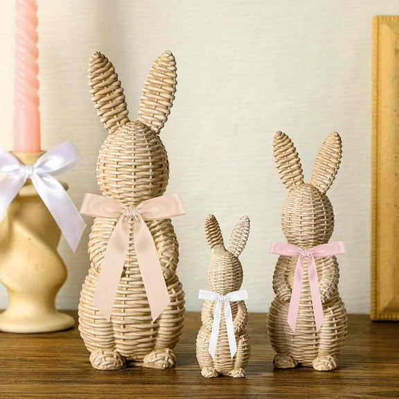 Guvpev 3 Pcs Easter Bunny Resin Figurines, Wicker Texture Style Woven Rabbit Statues, Rustic Farmhouse Spring Tabletop Decor, Small Bunny Sculptures for Mantel Table Centerpieces Home Decor