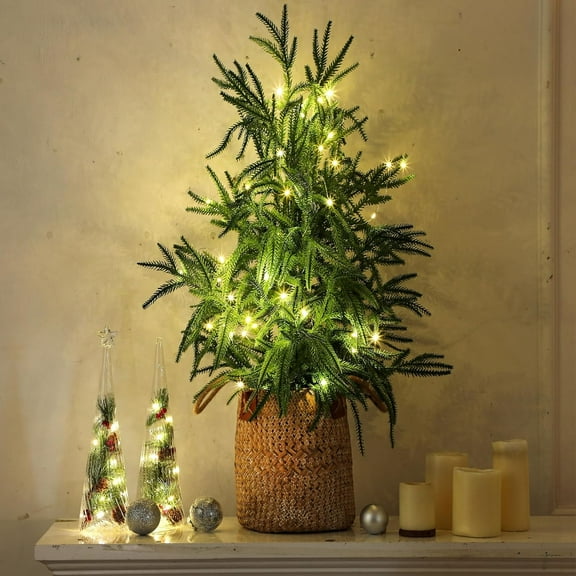 Guvpev 3' Artificial Norfolk Pine Christmas Potted Tree with Warm White LED Lights Downswept Pine Tree Decorative Planter Christmas Tabletop Decorations for Xmas Indoor Outdoor Seasonal Decor