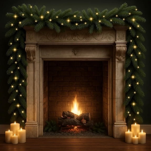 Guvpev 32FT Artificial Christmas Garland with Lights, Lighted Christmas Cedar Garland for Mantel, Front Door, Christmas Decorations, Greenery Garland with Pine Cones & Berry for Seasonal Decor