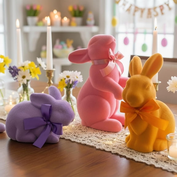 Guvpev 3PCS Large Flocked Easter Bunny Set, 10.2" Tall Pink, Orange & Purple Rabbit Figurines with Satin Bows, Assorted Poses for Spring Centerpiece, Mantel Shelf Decor & Easter Gifts