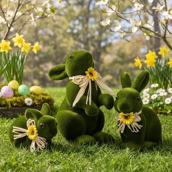 Guvpev 3PCS Large Moss Flocked Easter Bunny Set, 10.2" Tall Green Rabbit Figurines with Sunflower & Raffia Bows, Multi-Posed Family Statues for Farmhouse Mantel, Porch & Garden Centerpiece
