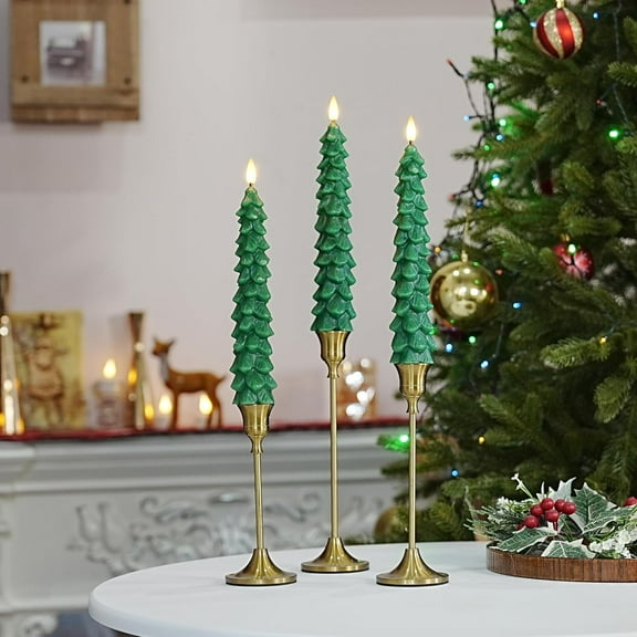 Guvpev 3Pcs Christmas Tree Candles with Remote, 9.5 Inch Real Wax Flameless Taper Candles, LED Candles Battery Operated with 3D Flickering Flame, Evergreen Candlesticks Christmas Decorations Indoor