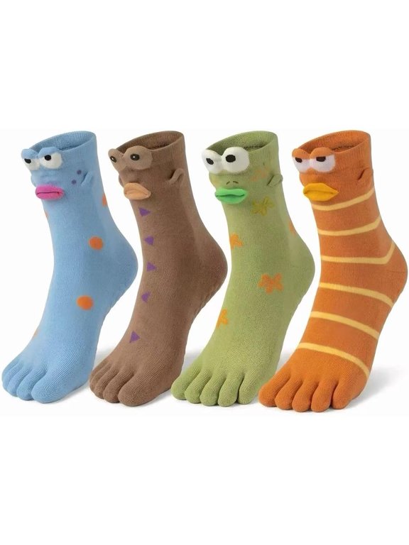 4 Pairs Women's Toe Socks with Grips, Cute Novelty 3D Clownfish Five Finger Socks, Breathable Cotton Non-Slip Yoga Pilates Socks for Barre, Home & Gifts