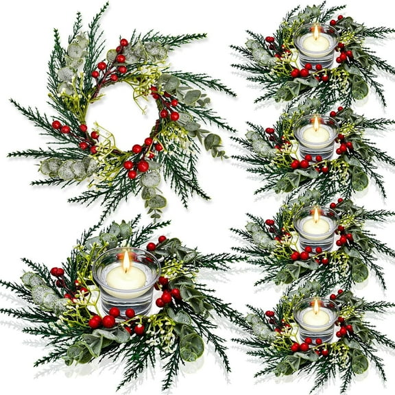 Guvpev 4 Pcs 8" Mini Christmas Wreaths for Kitchen Cabinet Small Christmas Candle Rings Wreaths, Front Door Pillars/Home Table Centerpieces Hanging Garlands, for Windows/Wedding Decor