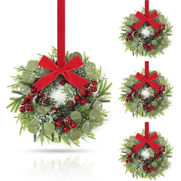 Guvpev 4 Pcs 9.2" Mini Christmas Wreaths for Cabinets Small Wreath Kitchen with Ribbon Christmas Decorations Candle Rings Red Berry Pine Cone Wreaths for Windows Farmhouse Xmas Decor Table