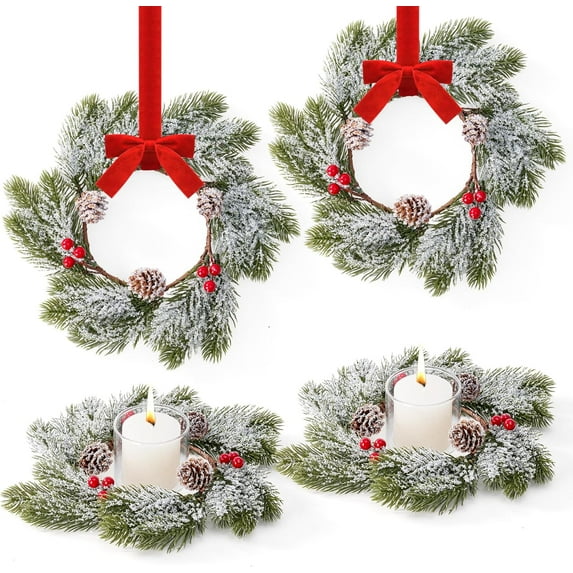 Guvpev 4 Pcs Small Mini Christmas Wreaths for Kitchen Cabinets, Frosted Cedar Christmas Candle Rings Wreath for Pillars Kitchen Cabinet Windows Centerpieces Table Decorations