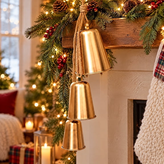 Guvpev 40" Metal Trio Bells Hanging Christmas Decoration, Gold, Xmas Holiday Bells with Jute Rope for Mantel, Door & Wall Decor