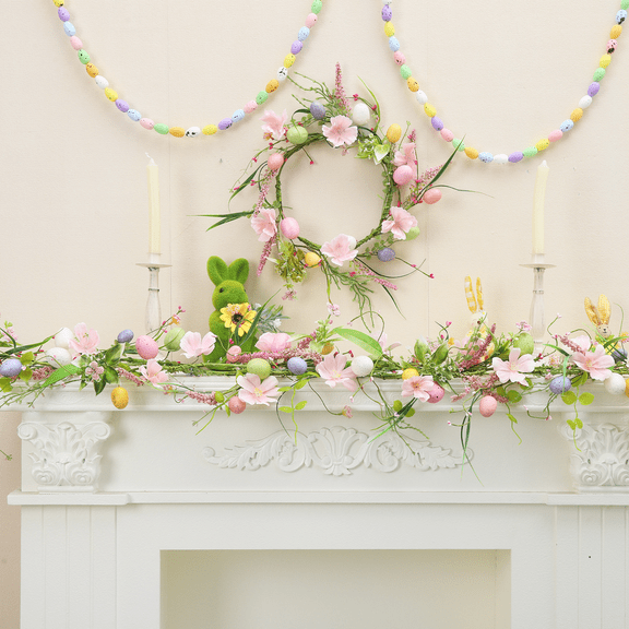 Guvpev 4FT Artificial Easter Egg Garland with Green Leaves, Pastel Spring Floral Greenery for Mantle, Table Runner & Home Wall Decor