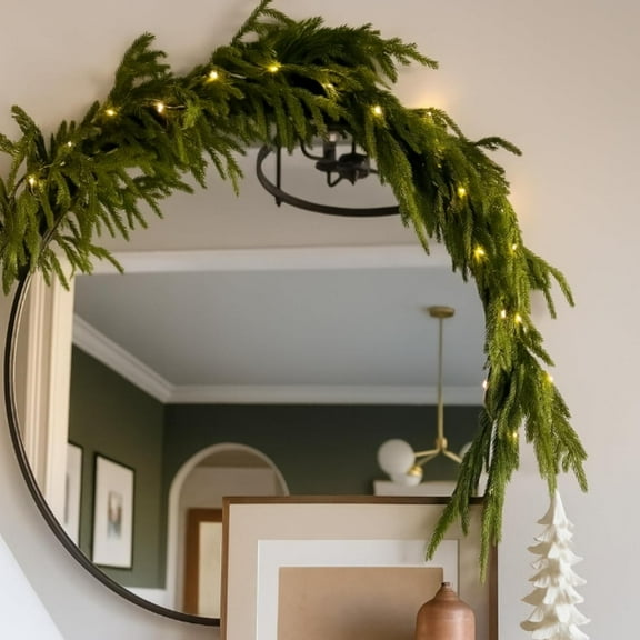 Guvpev 4FT Christmas Garland with Lights - Artificial Norfolk Pine Garland, Realistic Cypress Faux Greenery Garland Christmas Decorations for Mirror, Mantel, Table, Indoor Outdoor Holiday Decor