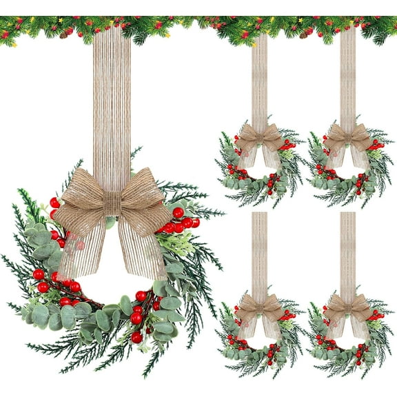 Guvpev 4PCS Mini Wreaths for Kitchen Cabinet 12 Inch Small Christmas Wreath with Burlap Ribbon Red Berry and Eucalyptus Leaves for Xmas Window Front Door Fireplace Chair Farmhouse Hanging Decor