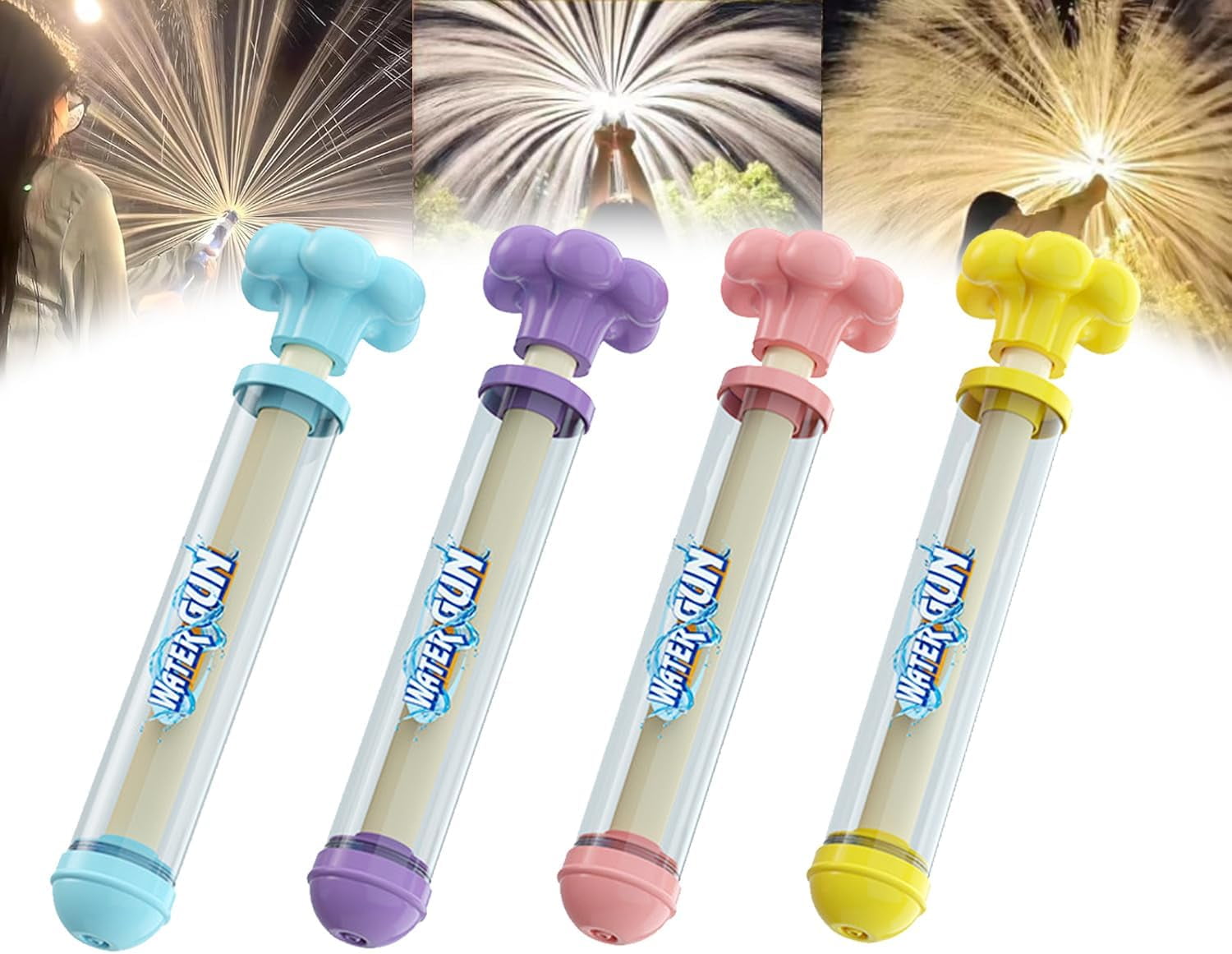 Pistola De Agua Con Efecto Fuegos Artificiales OKESYO – 4 Colores (Azul, Rosa, Amarillo, Morado) – Juguete De Piscina Y Fiestas