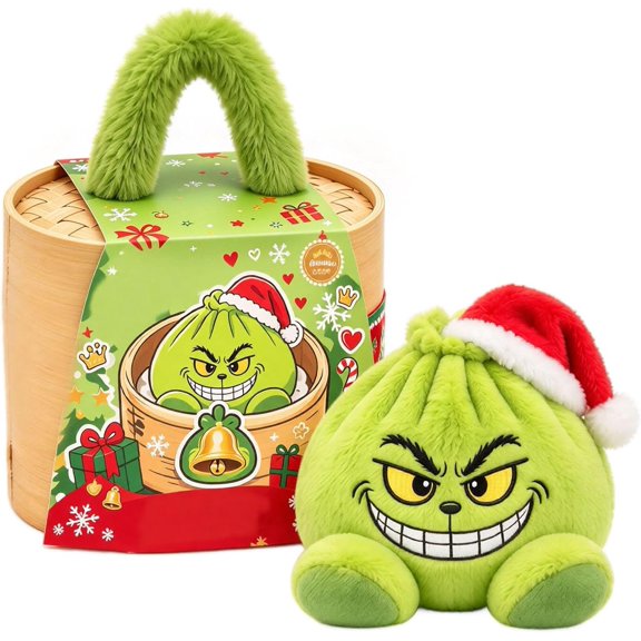 Guvpev 5.9" Christmas Plush Dumpling Squishy with Steamer & Fuzzy Handle, Green Dumpling Squeeze Toy, Sensory Stress Relief Fidget Toy, Holiday Stocking Stuffer & Collectible Gift, Ages 3+