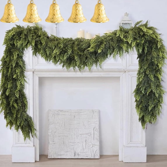 Guvpev 5FT Artificial Cedar Christmas Garland, Real Touch Winter Greenery, Realistic Christmas Rattan Soft Glue Green Plant Cedar Garland for Decorating Table, Mantel, Indoor Outdoor Xmas Decorations
