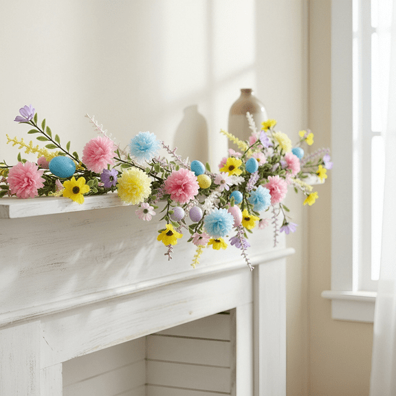 Guvpev 5FT Easter Egg Garland with Pastel Speckled Eggs, Colorful Spring Floral Greenery for Mantle, Fireplace & Party Decor