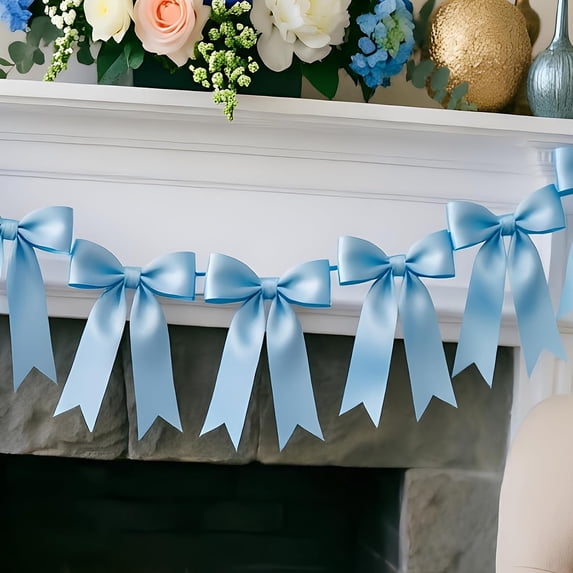 Guvpev 6.5FT Blue Bow Garland Banner, Pre-Strung Ribbon Bows Decorations for Birthday Party, Baby Girl Shower, Bridal Shower, Bachelorette Party, Girls Room, Wedding Decor, Christmas Tree Decorations