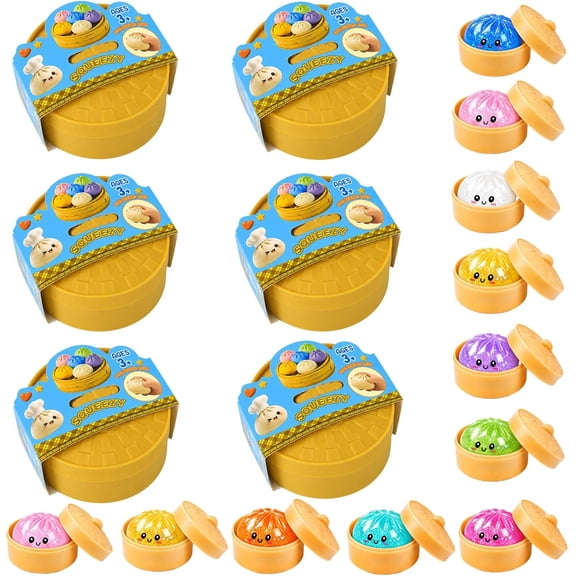 Guvpev 6-Pack Glitter Dumpling Squishy Toys Bulk with Steamer Box, Kawaii Stress Relief Squeeze Balls, Sensory Fidget Toys, Stocking Stuffers & Party Favors