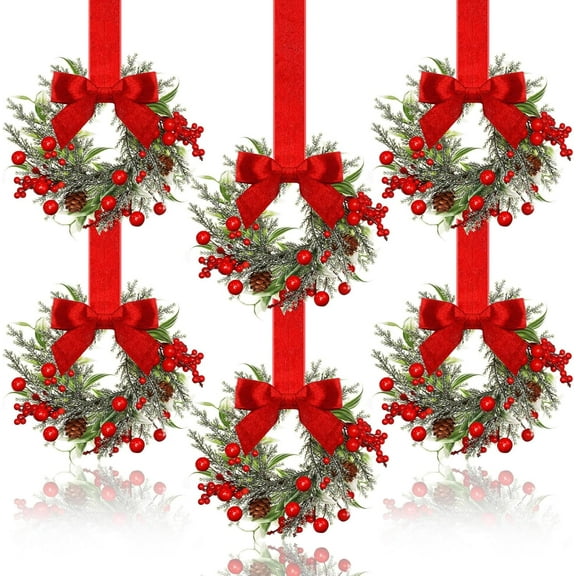 Guvpev 6 Pcs 6" Christmas Mini Cabinet Wreaths for Kitchen with Ribbon Bows Red Berry Small Window Wreath for Window Door Farmhouse Christmas Party Decorations (Stylish Style)