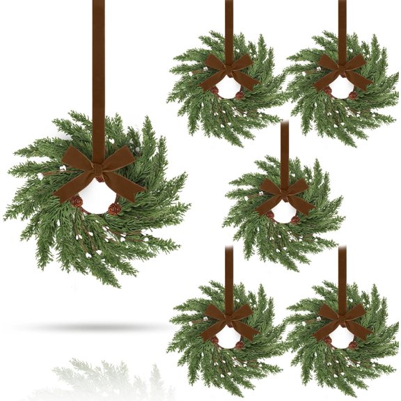 Guvpev 6 Pcs 9'' Mini Christmas Hanging Wreaths with Khaki Velvet Ribbon Artificial Pine Cones Small Candle Ring Wreaths Pillar Wreath for Mantel, Stairs, Window, Walls, Holiday Xmas Decor