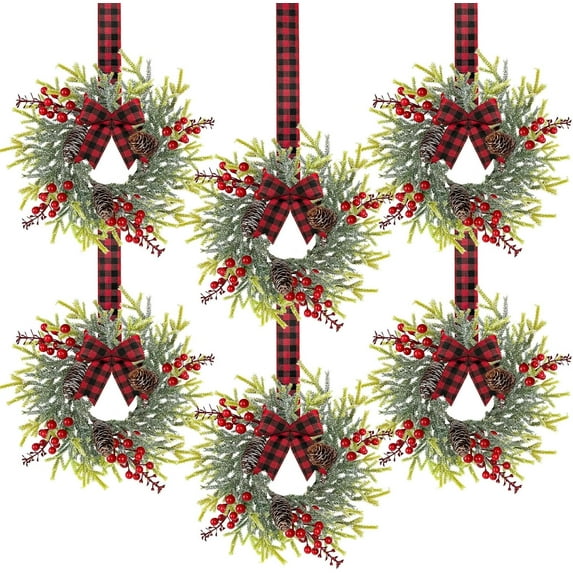 Guvpev 6 Pieces 10" Mini Christmas Wreath with Red Berry, Cabinet Wreaths for Kitchen, Small Christmas Wreath with Red and Black Plaid Bow, Farmhouse Wreath for Holiday Xmas Party Decorations