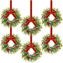 Guvpev 6 Pieces 10" Mini Christmas Wreath with Red Berry, Cabinet Wreaths for Kitchen, Small Christmas Wreath with Red and Black Plaid Bow, Farmhouse Wreath for Holiday Xmas Party Decorations