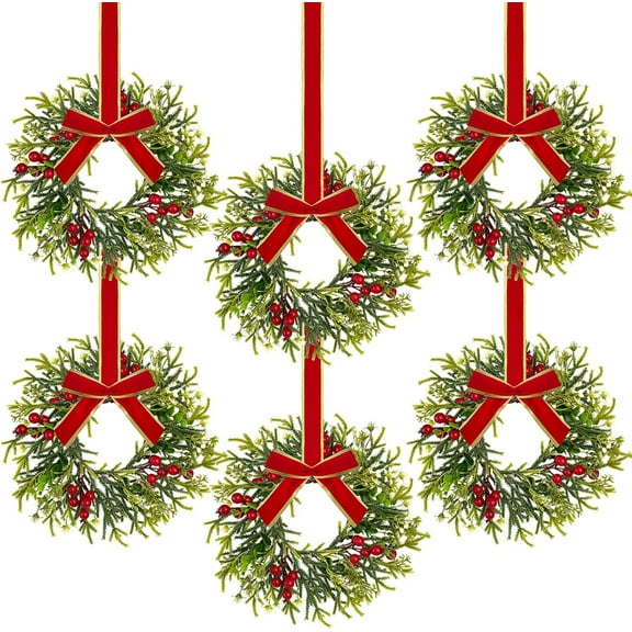Guvpev 6 Pieces 10" Mini Christmas Wreath with Red Berry, Cabinet Wreaths for Kitchen, Small Christmas Wreath with Red and Black Plaid Bow, Farmhouse Wreath for Holiday Xmas Party Decorations