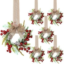 Guvpev 6 Set 9'' Mini Wreath for Kitchen Cabinet Small Christmas Wreath Real Touch Artificial Eucalyptus with Burlap Ribbon Berry Pine Cone Farmhouse for Xmas Window Front Door Chair Fireplace
