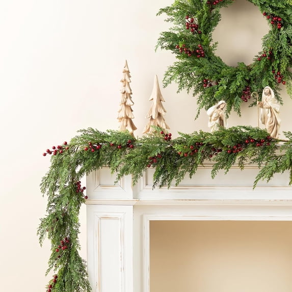 Guvpev 6FT Artificial Cedar Christmas Garland, Real Touch Green Faux Cypress Garland with Red Berries, Realistic Winter Greenery Garland for Home, Mantel, Indoor Outdoor Christmas Decorations