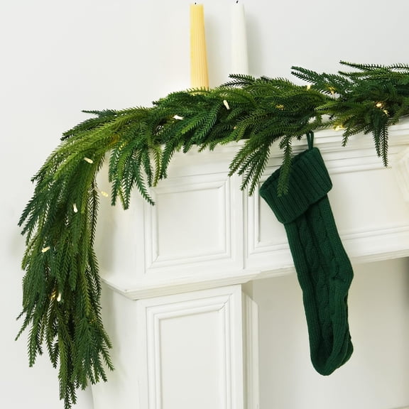 Guvpev 6FT Artificial Norfolk Pine Garland for Christmas Decorations, Christmas Garland with Lights, Realistic Faux Greenery Garland for Holiday Mantle Stair Indoor Outdoor Christmas Decor