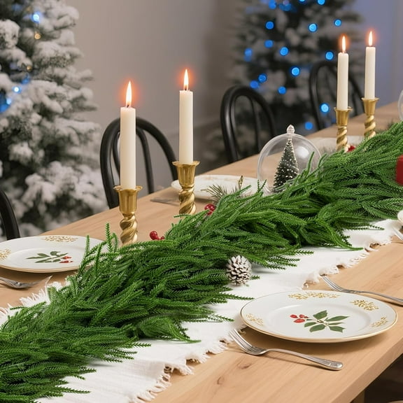 Guvpev 6FT Artificial Norfolk Pine Garlands with LED Lights , Realistic Winter Pine Christmas Garland, Real Touch Faux Greenery Garland for Mantel, Table, Stairs, Indoor Outdoor Christmas Decorations