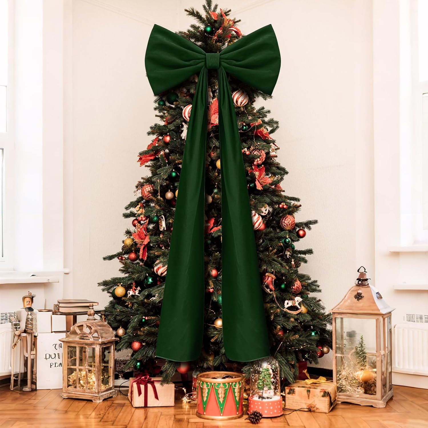Guvpev 6FT Christmas Bows - Extra Large Deep Green Velvet Bows for Christmas Tree Decor, Giant Xmas Tree Toppers Bows for Home, Windows, Mantel, Birthday, Wedding, Valentine's Day Party Decorations