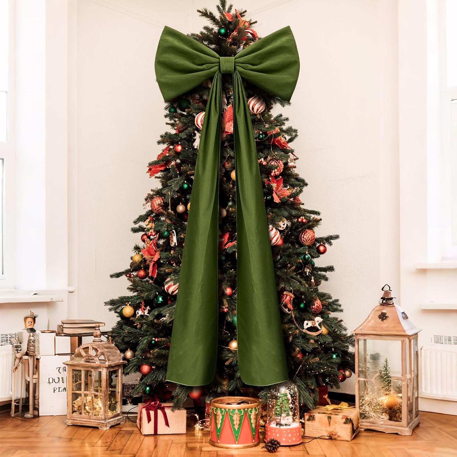Guvpev 6FT Christmas Bows - Extra Large Moss Green Velvet Bows for Christmas Tree Decor, Giant Xmas Tree Toppers Bows for Home, Windows, Mantel, Birthday, Wedding, Valentine's Day Party Decorations