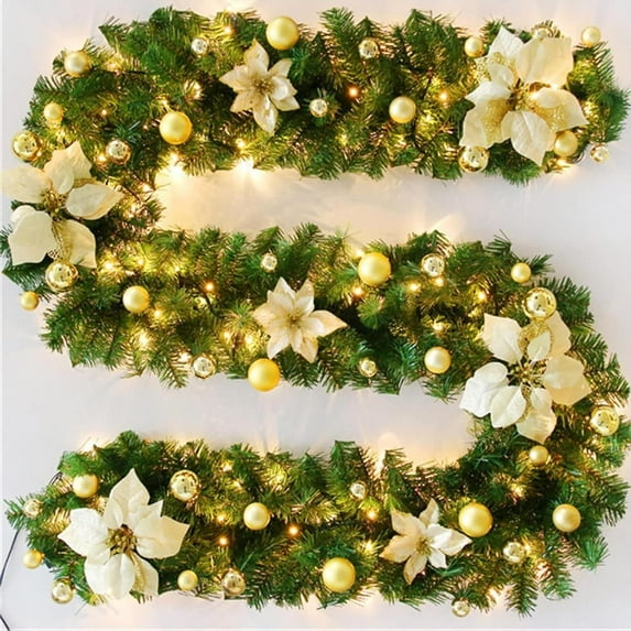 Guvpev 6FT Christmas Cedar Garland with LED Lights, Artificial Christmas Illuminate Greenery Garlands with Berries, Balls, Flowers, Indoor/Outdoor Christmas Decorations for Mantle, Table, TV Stand