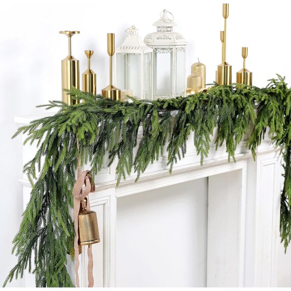 Guvpev 6FT Christmas Garland, Artificial Norfolk Pine Garland, Christmas Cypress Garland, Real Touch Winter Pine Garland, Christmas Decorations for Mantel, Table, Front, Stair, Home Decor