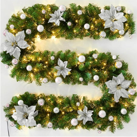 Guvpev 6FT Christmas Garland with LED Lights, Artificial Christmas Illuminate Flower Garlands with Berries, Balls, Flowers, Indoor/Outdoor Christmas Decorations, Flower Vine Plants Home Decor