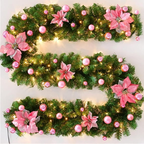 Guvpev 6FT Christmas Garland with LED Lights, Artificial Christmas Illuminate Greenery Garlands with Berries, Balls, Flowers, Indoor/Outdoor Christmas Decorations, Flower Vine Plants Home Decor
