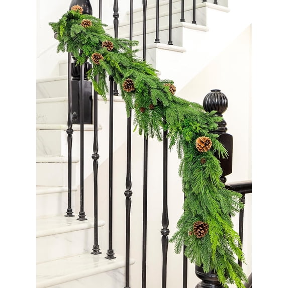 Guvpev 6FT Christmas Garland with Mantel, Real Touch Christmas Cedar Garland with Pine Cones, Artificial Cypress Greenery Garland for Stairs, Wall, Front Door, Indoor Outdoor Christmas Decorations