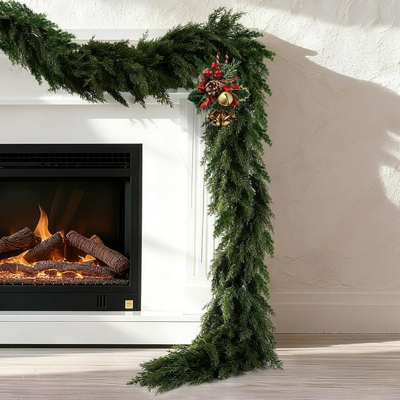 Guvpev 6FT Christmas Garland, Real Touch Cedar Garland for Holiday Decor, Thick & Lush Artificial Greenery Cypress Garland for Mantel, Fireplace, Staircase, Table, Indoor & Outdoor Xmas Decorations