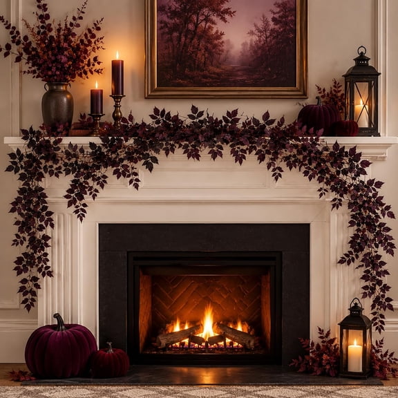 Guvpev 6FT Dark Plum Fall Garland with Berries, Moody Gothic Autumn Decor for Fireplace Mantel, Flexible Wire Fall Vine for Thanksgiving & Halloween, Indoor Outdoor Porch Decor