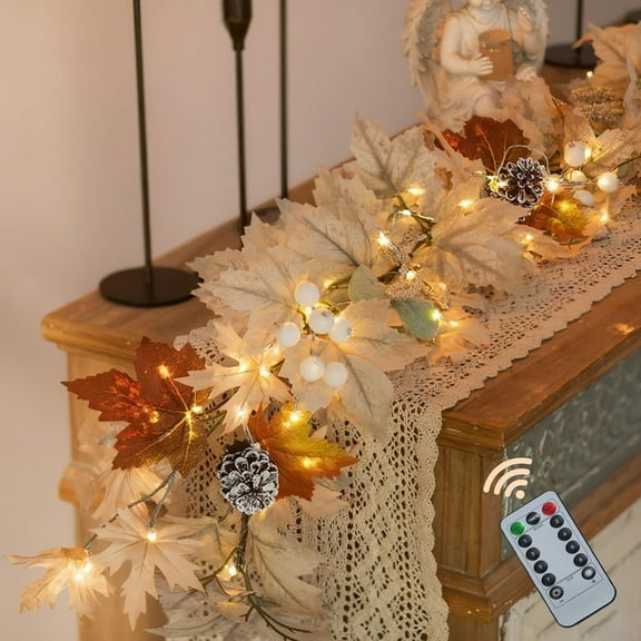 Guvpev 6FT Fall Garland for Mantle - Fall Garland with 40 LED Lights, 8 Lighting Modes with Timer, White Maple Leaf Autumn Garlands for Railing Outdoor, Thanksgiving, Home Decor, Fall Decorations