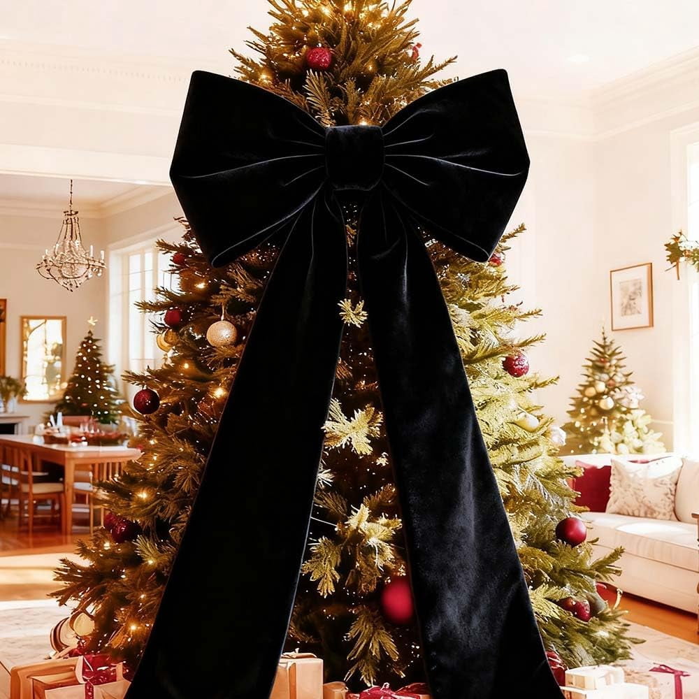 Guvpev 6FT Large Velvet Christmas Bows - Giant Black Xmas Bows for Christmas Tree Topper, Wreaths, Mantel, Front Door, Porch & Wedding Decorations, Indoor & Outdoor Holiday Christmas Decorations
