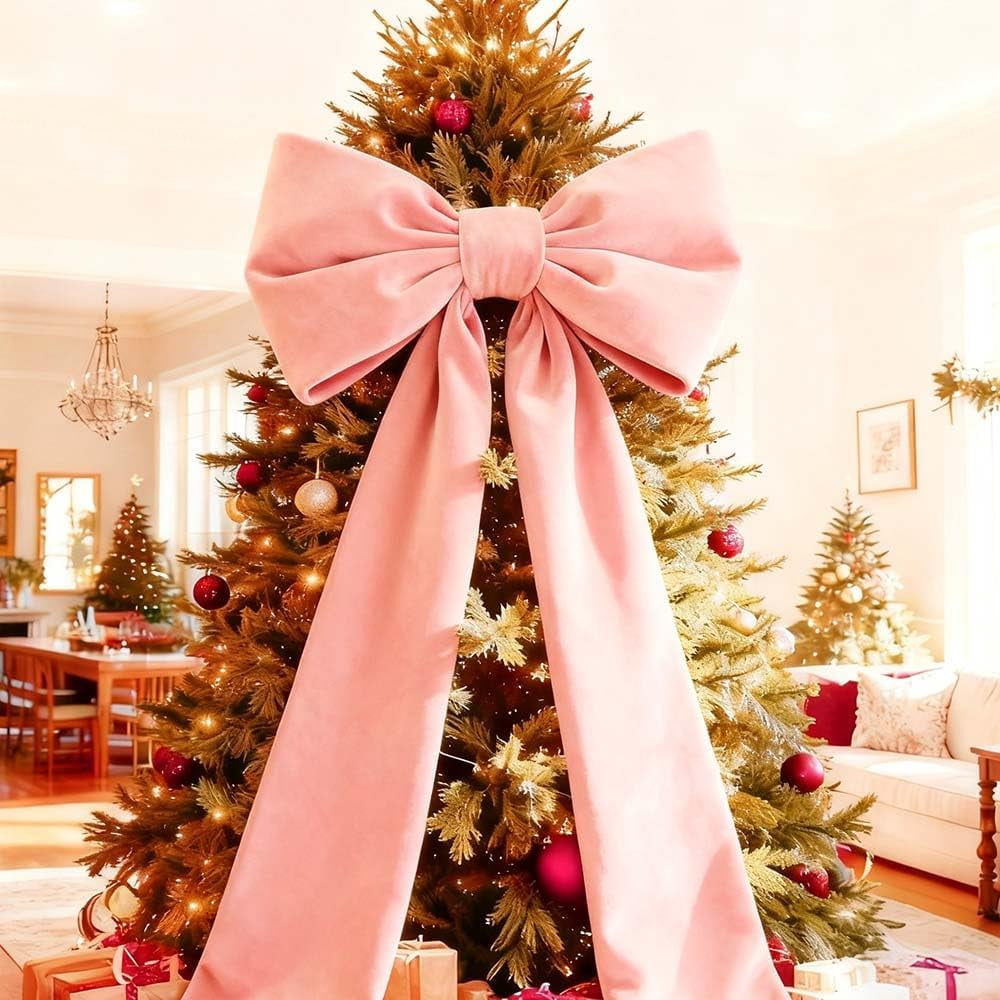 Guvpev 6FT Large Velvet Christmas Bows - Giant Pink Xmas Bows for Christmas Tree Topper, Wreaths, Mantel, Front Door, Porch & Wedding Decorations, Indoor & Outdoor Holiday Christmas Decorations