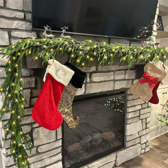 Guvpev 6FT Norfolk Pine Christmas Garland with 50 LED Lights – Real Touch Faux Greenery Garland Christmas Decorations for Holiday, Mantel, Staircase, Table, Indoor & Outdoor Seasonal Decor