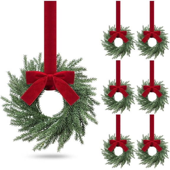 Guvpev 6Pcs Christmas Pine Wreaths for Front Door - 12.6" Christmas Kitchen Cabinet Mini Wreaths with Bow & Burgundy Ribbon, Holiday Cabinet Hanging Decorations for Window & Walls, Home Xmas Decor