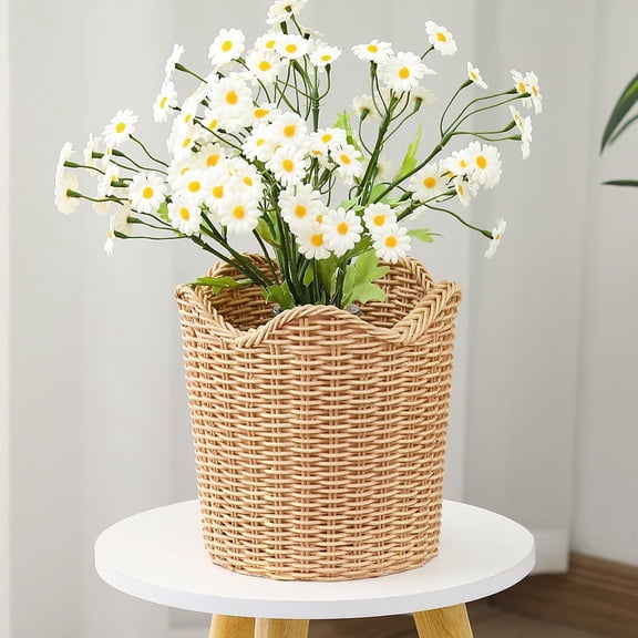 Guvpev 7.5" Scalloped Edge Resin Planter, Basket Weave Pattern Flower Pot, Modern Farmhouse Woven Style Decorative Storage Basket for Indoor Outdoor Home Decor, Brown
