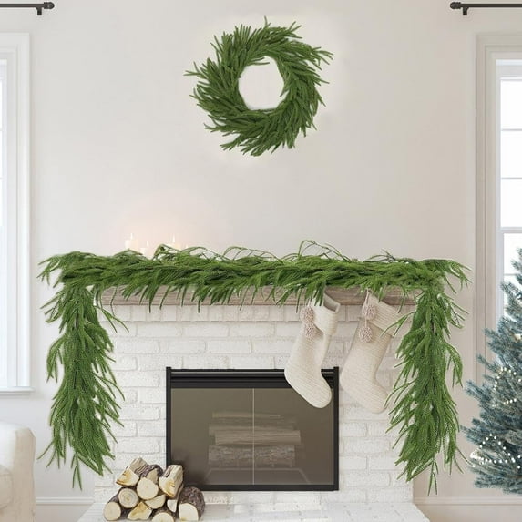 Guvpev 7FT Artificial Norfolk Pine Garlands, Christmas Cedar Garland Real Touch Winter Pine Garland Xmas Greenery Garland for Mantel, Table, TV Stand, Wall, Indoor, Outdoor Christmas Decorations